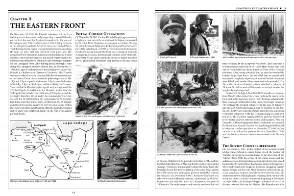 A two-page spread in Schiffer Publishing, Ltd.’s "The 27th Waffen-SS Volunteer Grenadier Division Langemarck" features text, B&W maps, and winter photos—some captioned—of World War II soldiers including Flemish SS volunteers.