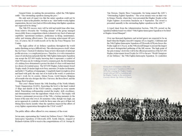 Military personnel in uniform pose for a formal outdoor group photo at Ellsworth AFB in front of a hangar, with text about the Cold War air defense history of the 54th Fighter-Interceptor Squadron. Product: The 54th Fighter-Interceptor Squadron by Schiffer Publishing, Ltd.