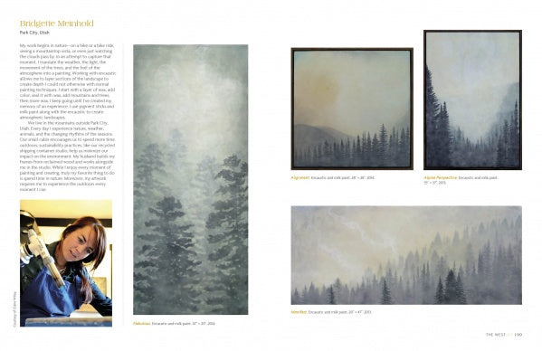 A magazine spread for Schiffer Publishing, Ltd.'s "Encaustic Art in the Twenty-First Century" features Bridgette Meinhold’s misty forest and mountain encaustics with her portrait at lower left and four blue-green landscapes on the right.