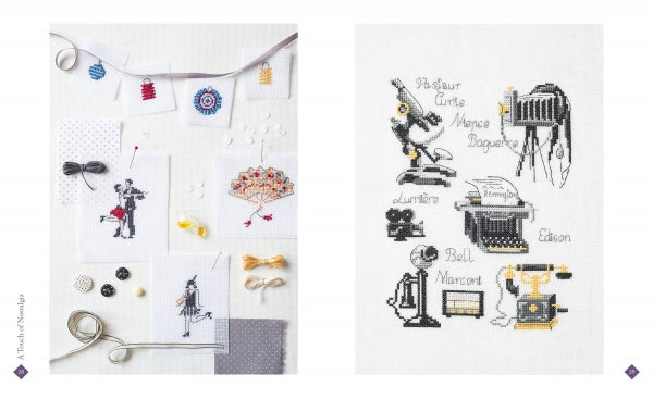 Left: Retro Cross Stitch kit by Schiffer Publishing, Ltd.—French threads, needles, scissors, buttons, vintage cross-stitch patterns. Right: Creative cross-stitched French inventors’ names with vintage camera and telephone designs.