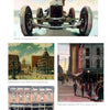 A collage from "100 Artists of the Midwest" by Schiffer Publishing, Ltd. features four paintings: a vintage race car, city street with historic buildings, an urban scene, and storefronts—each with loose brushstrokes and earthy tones.