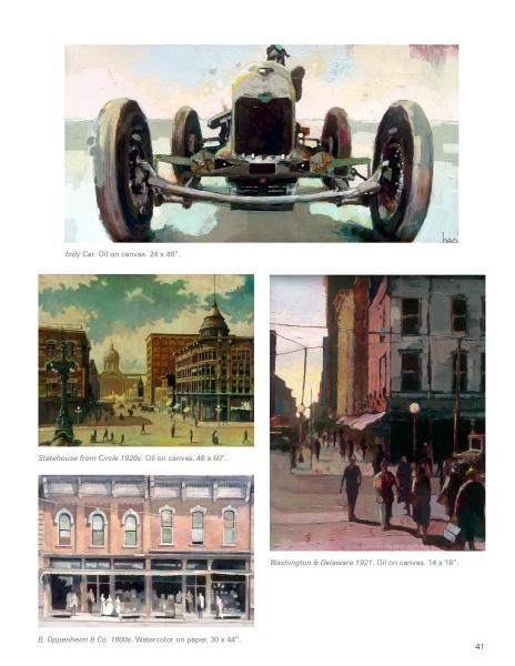 A collage from "100 Artists of the Midwest" by Schiffer Publishing, Ltd. features four paintings: a vintage race car, city street with historic buildings, an urban scene, and storefronts—each with loose brushstrokes and earthy tones.
