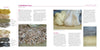 A two-page spread from Schiffer Publishing, Ltd.'s "Natural Dyeing with Plants," showcasing yarn and fiber samples in yellow, tan, and gray, close-ups of wood chips, and text on coloring plants and dyeing techniques.