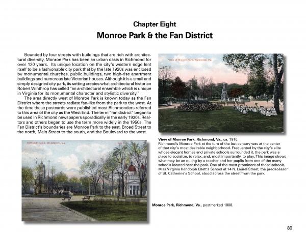 The book "Greetings from Richmond" by Schiffer Publishing, Ltd. features a Chapter Eight page on Monroe Park & the Fan District, showing two vintage black-and-white photos and describing the area's early 20th-century architecture.