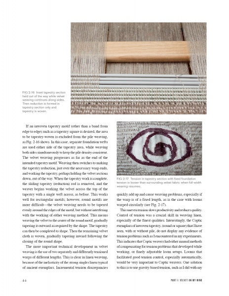 A page from "Velvet on My Mind, Velvet on My Loom" by Schiffer Publishing, Ltd. features images of a wooden tapestry beater and yarn spiral, with text exploring the importance of tension in handweaving techniques.