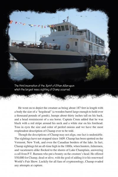 A white and blue riverboat named Spirit of Ethan Allen is docked by a pier, with people on deck. Below, text links the boat to Champ, a legendary lake cryptid featured in Schiffer Publishing’s New England's Scariest Stories and Urban Legends.