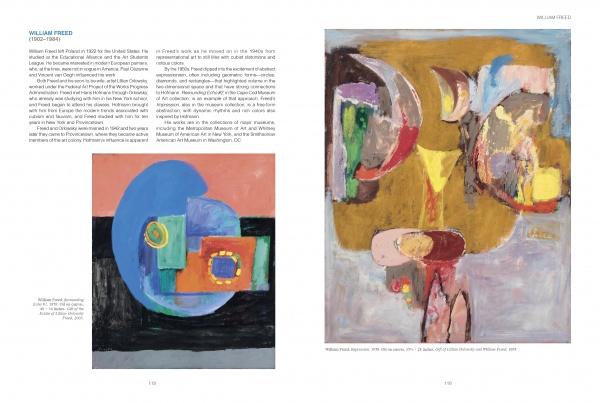 A two-page spread in Art From Cape Cod by Schiffer Publishing, Ltd. showcases text about William Freed on the left, with a colorful geometric abstract painting, and a vibrant organic abstract painting on the right.
