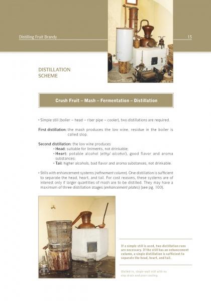 A page from Schiffer Publishing, Ltd.'s "Distilling Fruit Brandy" displays simple stills and copper equipment, explaining distillation techniques and various outputs in this essential fruit brandy guide.