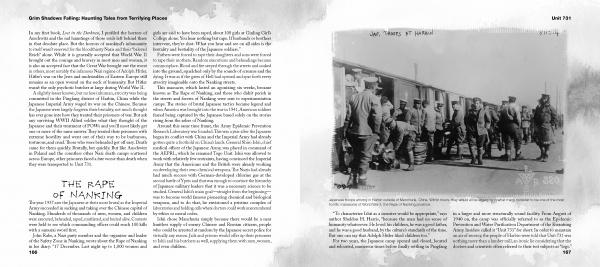 Two-page book spread from "Grim Shadows Falling" by Schiffer Publishing, Ltd.: Left page titled THE RAPE OF NANKING; right page shows uniformed soldiers in line near a building, evoking the true crime horror of this historic event.