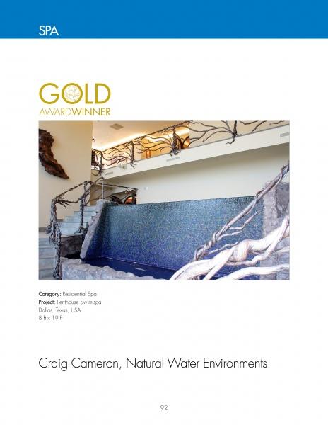 International Award-winning Pools by Schiffer Publishing, Ltd. features a modern penthouse spa with a mosaic-tiled pool, artistic metal railings, and stone accents—a gold award winner for outstanding residential spa design.