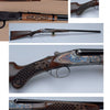 A collage of five images from "Carving Gunstocks" by Schiffer Publishing, Ltd., featuring intricately engraved rifles and shotguns with elaborate wood and metal details, unique gunstock patterns, and decorative carving on neutral backgrounds.