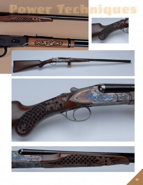 A collage of five images from "Carving Gunstocks" by Schiffer Publishing, Ltd., featuring intricately engraved rifles and shotguns with elaborate wood and metal details, unique gunstock patterns, and decorative carving on neutral backgrounds.