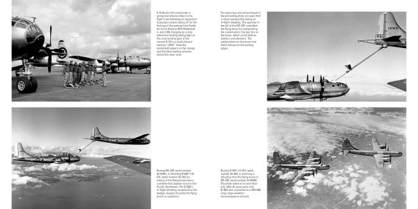 Four black-and-white photos from "B-29/B-50 Superfortress, Vol. 2" by Schiffer Publishing, Ltd. show 1940s military planes: crew by a B-29, aircraft in flight, and mid-air refueling, with captions printed in the surrounding white space.
