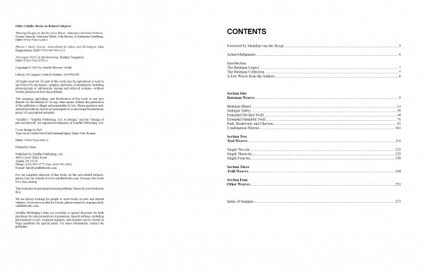 The left page details the publication of "Weaving Innovations from the Bateman Collection" by Schiffer Publishing, Ltd.; the right page’s table of contents lists Foreword, Bateman weaves, advanced weaving patterns, and a samples index.