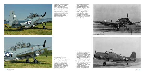 Four vintage WWII aircraft, including the TBF/TBM Avenger, appear in two color and two black-and-white photos, shown parked on airfields with concise descriptions. From Schiffer Publishing, Ltd.