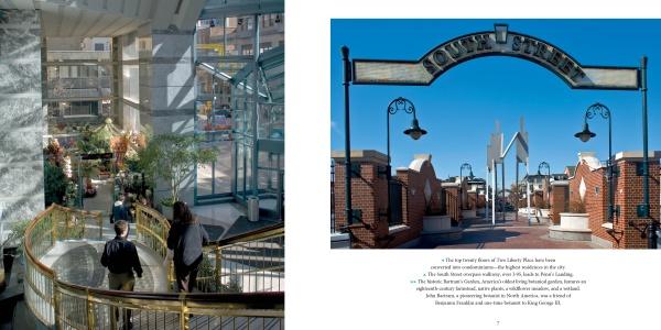A split image from "Philadelphia" by Schiffer Publishing, Ltd.: left—people descending a staircase in a glass-roofed building; right—the iconic South Street entrance, ideal for Philadelphia photography enthusiasts.