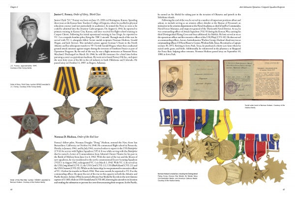 A spread from "Blue Seas, Red Stars" by Schiffer Publishing, Ltd. showcases WWII and Soviet military medals, award documents, and US Navy officer portraits with descriptions of each individual and their honors on a white background.