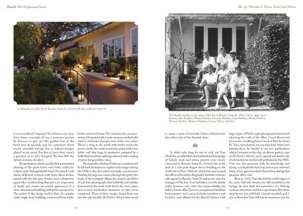 A two-page spread from "The Life and Times of Lilian J. Rice, Master Architect" (Schiffer Publishing, Ltd.): left, a dusk-lit path in Rancho Santa Fe; right, eight people on steps of a Lilian Rice house, with text along the bottom.