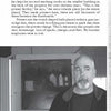 A grayscale photo shows gray-bearded Greg Stonier, a factory printer, indoors by a plant and window. Above, a page from Schiffer Publishing, Ltd.'s "Cincinnati Ghosts" notes his passion for ghost hunting in Cincinnati.