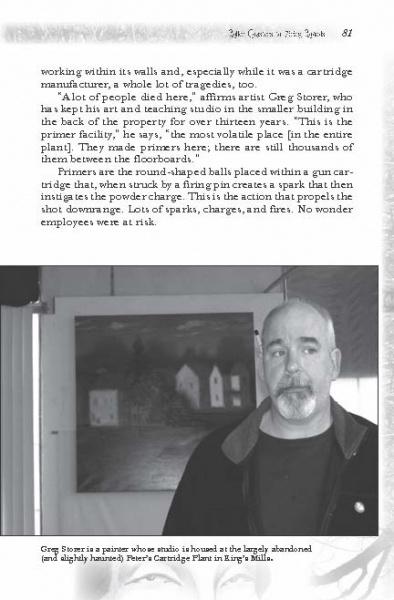 A grayscale photo shows gray-bearded Greg Stonier, a factory printer, indoors by a plant and window. Above, a page from Schiffer Publishing, Ltd.'s "Cincinnati Ghosts" notes his passion for ghost hunting in Cincinnati.