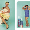 Two images: On the left, a woman in a vintage yellow dress mixes ingredients for Schiffer Publishing, Ltd.'s Chocolate Cheesecake 2. On the right, she poses in a retro blue swimsuit with red heels by decorative fireworks.