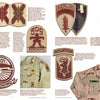 Desert Uniforms, Patches, and Insignia of the US Armed Forces by Schiffer Publishing, Ltd. features vintage military patches and insignia in diverse designs, displayed with two tan desert combat uniforms with patches and name tags. Patch details appear in small text.