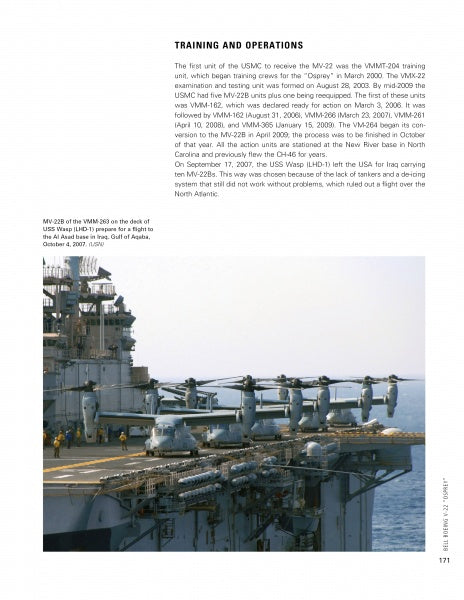 Two V-22 Osprey tilt rotor airplanes are parked on a U.S. Navy ship’s deck at sea, featured in "Tilt Rotor Aircraft" by Schiffer Publishing, Ltd.—an illustrated history highlighting these innovative aircraft and their role in aviation.