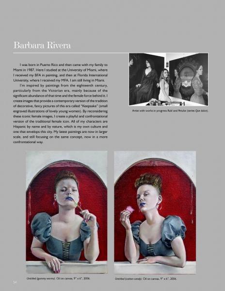 A page in "100 Southern Artists" by Schiffer Publishing, Ltd. features Barbara Rivera’s bio, her painting with two people, and two pop surrealism oil paintings of a pale-skinned woman in a blue dress and dramatic makeup before a red arch.