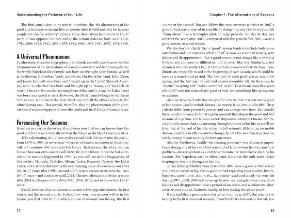 An open book titled "Understanding the Patterns of Your Life" by Schiffer Publishing, Ltd. shows text only: the left page explores personal growth, while the right is Chapter 1: The Alternations of Seasons. No images appear.