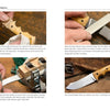 Four instructional photos from Knifemaking for Beginners by Schiffer Publishing, Ltd. show oiling a wooden handle, sharpening on a stone, polishing the blade in a clamp, and displaying the finished knife on wood.