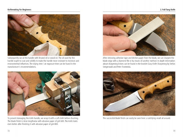 Four instructional photos from Knifemaking for Beginners by Schiffer Publishing, Ltd. show oiling a wooden handle, sharpening on a stone, polishing the blade in a clamp, and displaying the finished knife on wood.