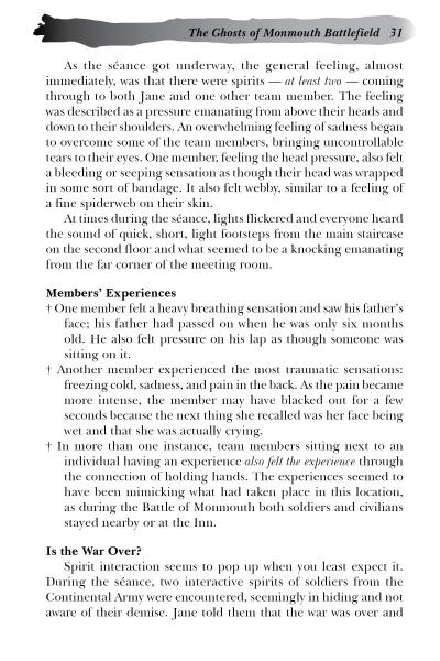 A page from *Ghosts of Central New Jersey* by Schiffer Publishing, Ltd. details séance experiences, members’ sensations, and reflections on the war—giving insight into local paranormal and haunted sites. Black text appears on a white background.