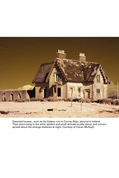 A weathered house stands alone in a grassy Irish landscape beneath a sepia sky, echoing haunted scenes from "Ireland's Ghosts, Legends, and Lore" by Schiffer Publishing, Ltd.