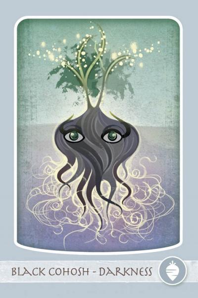 A digital illustration from The Herbal Healing Deck by Schiffer Publishing, Ltd. depicts a black cohosh root with green eyes, curly tendrils, leafy stems, glowing orbs, and "Black Cohosh - Darkness" on a misty purple background.