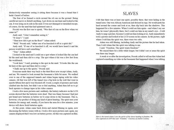 A spread from "Ghost Hunting in Michigan" by Schiffer Publishing, Ltd. shows Adam and Andy discussing ghost sightings, and a section titled SLAVES with a photo of a snowy stone cellar—one of Michigan’s many haunted sites.