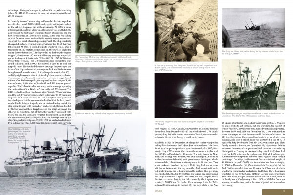 A two-page magazine spread features columns of text and several black-and-white historical photos of ships, sailors, and naval scenes, including a large image of U-96 from Schiffer Publishing's "German U-Boat Ace Heinrich Lehmann-Willenbrock.