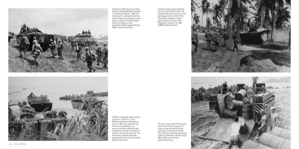A collage of four black-and-white WWII photos from Schiffer Publishing, Ltd. shows soldiers unloading supplies, wading ashore, and using the LVT(4) Amtrac to move equipment on Pacific island beaches lined with palm trees and water.