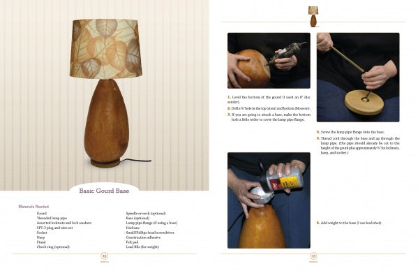 Schiffer Publishing, Ltd.'s "Gourd Lights" is a DIY guide for making a leaf-patterned gourd lamp, with a materials list and step-by-step instructions—drilling the gourd, adding the cord, securing parts, and stabilizing the base.