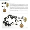 A page from The Rosary Collector's Guide by Schiffer Publishing, Ltd. displays two black beaded rosaries with oval and round medals, alongside text describing antique rosaries and the Nún’s Habit Rosary as notable religious artifacts.