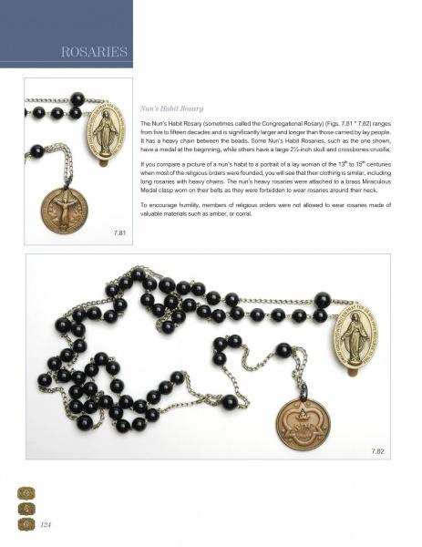 A page from The Rosary Collector's Guide by Schiffer Publishing, Ltd. displays two black beaded rosaries with oval and round medals, alongside text describing antique rosaries and the Nún’s Habit Rosary as notable religious artifacts.