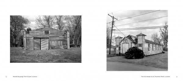 Two black-and-white photos from "Backroads Buildings" by Schiffer Publishing, Ltd. show: left—a broad rural barn with double doors; right—a weathered structure with cupolas by a street, echoing America's roadside architectural heritage.