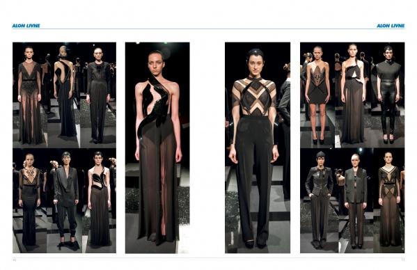 The SFP LookBook: Mercedes-Benz Fashion Week Fall 2013 Collections by Schiffer Publishing, Ltd. showcases sheer black dresses, jumpsuits, and suits with geometric and cut-out designs on a dark runway, highlighting key seasonal trends.