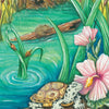On the cover of *Jemma's Got the Travel Bug* by Schiffer Publishing, Ltd., a diamondback terrapin rests on a log near pink flowers, as two snails climb a reed and a muskrat perches on another log among tall grass by a Chesapeake Bay pond.