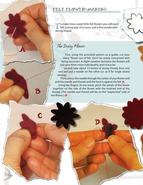 Step-by-step photos show hands sewing dark felt petals with red thread, highlighting jewelry-making from "Felt, Fiber, and Stone" by Schiffer Publishing, Ltd., and featuring typed instructions for crafting a felt daisy flower.