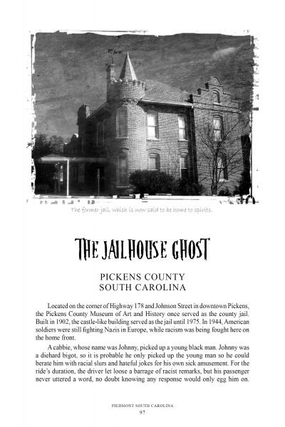 A black-and-white photo of a two-story brick house illustrates "The Jailhouse Ghost," one of the chilling Pickens County tales from South Carolina Haunts by Schiffer Publishing, Ltd.