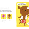 A brown dog in a red polka-dot skirt smiles, dances, and throws its arms wide. The Little Box of Emotions by Schiffer Publishing, Ltd. teaches toddlers about joy, using cheerful actions—great for self-awareness cards.