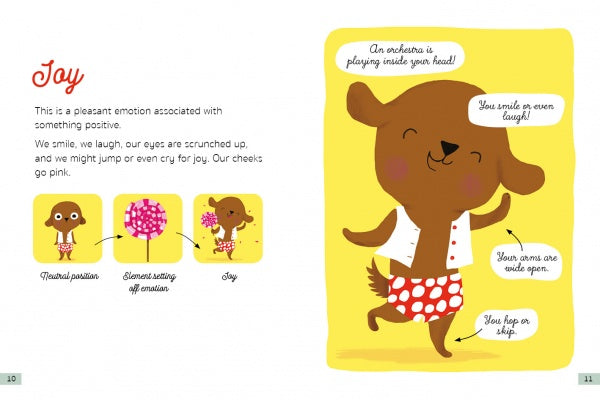 A brown dog in a red polka-dot skirt smiles, dances, and throws its arms wide. The Little Box of Emotions by Schiffer Publishing, Ltd. teaches toddlers about joy, using cheerful actions—great for self-awareness cards.