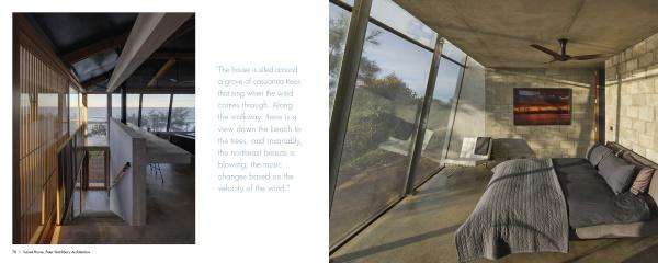 Australia Modern by Schiffer Publishing, Ltd. showcases a modern bedroom with glass walls framing a tree-lined view, minimalist decor, and natural light. A wood-accented hallway offers coastal vistas, reflecting the elegance of Australian architecture.
