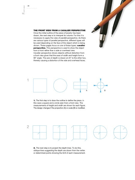 An instructional page from "Drawing for Jewelers" by Schiffer Publishing, Ltd. displays a pencil, mechanical pencil, and pen at the top right, with numbered diagrams below showing how to draw squares and circles in perspective for jewelry design.