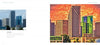 Two images from "Miami, Real and Imagined" by Schiffer Publishing, Ltd.: left—a Hank Klein photo of modern Miami skyscrapers; right—a vibrant cityscape with artistic effects and an intense orange sky, capturing Miami's energy.